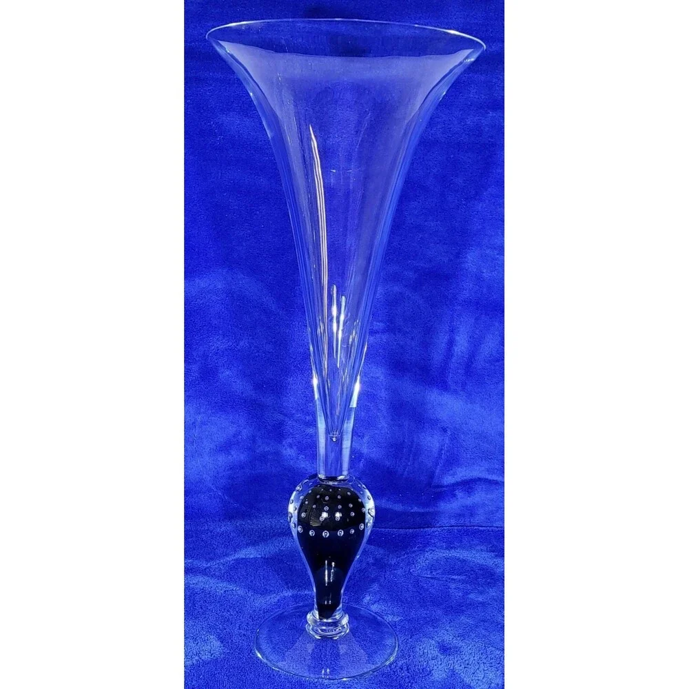Beautiful Signed Clear Controlled Bubble Glass Trumpet Vase & Candle Holders